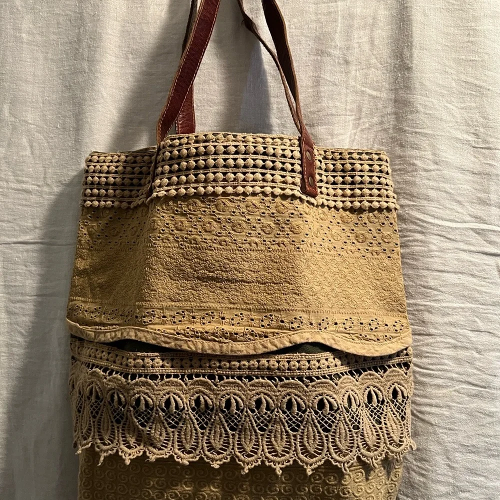 Tan Mona B Woven Tote with Geometric and Lace Details - Picture 1 of 11